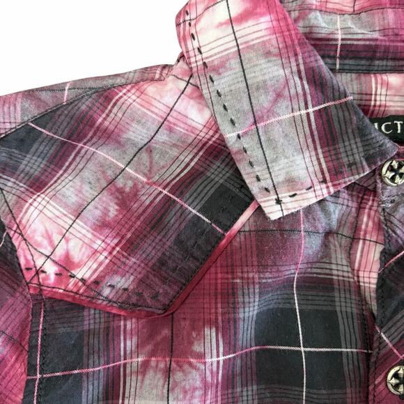 Affliction Womens Y2K Button Up Shirt M Black Maroon Plaid Moto Spell Out Logo - Picture 4 of 12